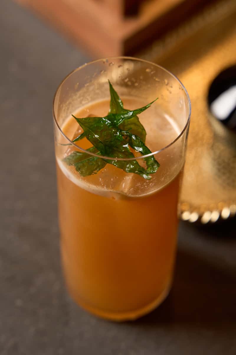 A refreshing cocktail in a tall glass, garnished with vibrant green leaves, showcasing a golden-orange drink with ice, perfect for a stylish and enjoyable experience.