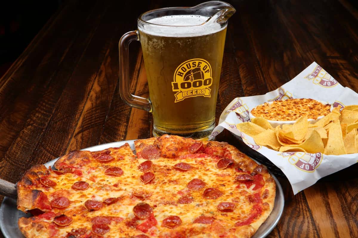 pizza with beer pitcher