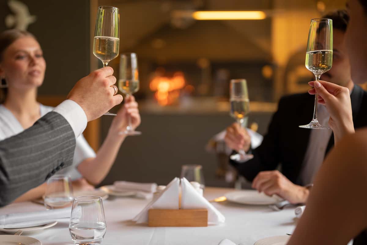 Guests toasting while having lunch