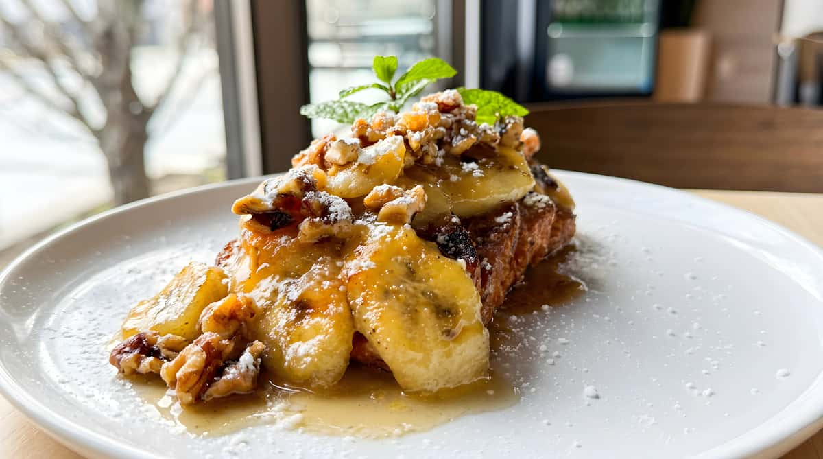 French toast with sliced bananas, chopped walnuts, powdered sugar, maple syrup, and a sprig of mint on a white plate.