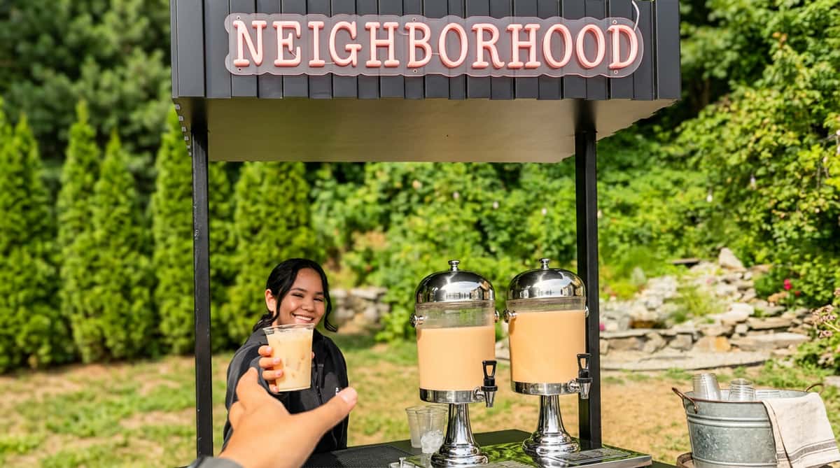 Smiling woman offering a glass of iced coffee from a drink stand with two beverage dispensers.