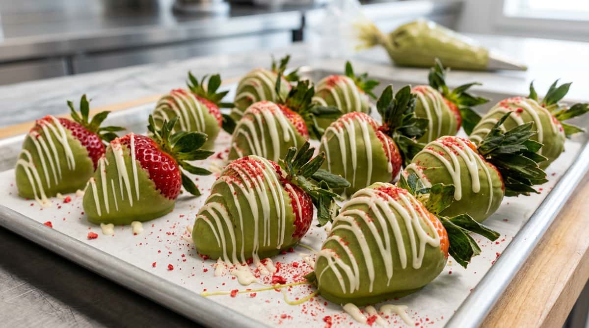 Strawberries dipped in green coating with white chocolate drizzle and red sprinkles on a baking sheet.