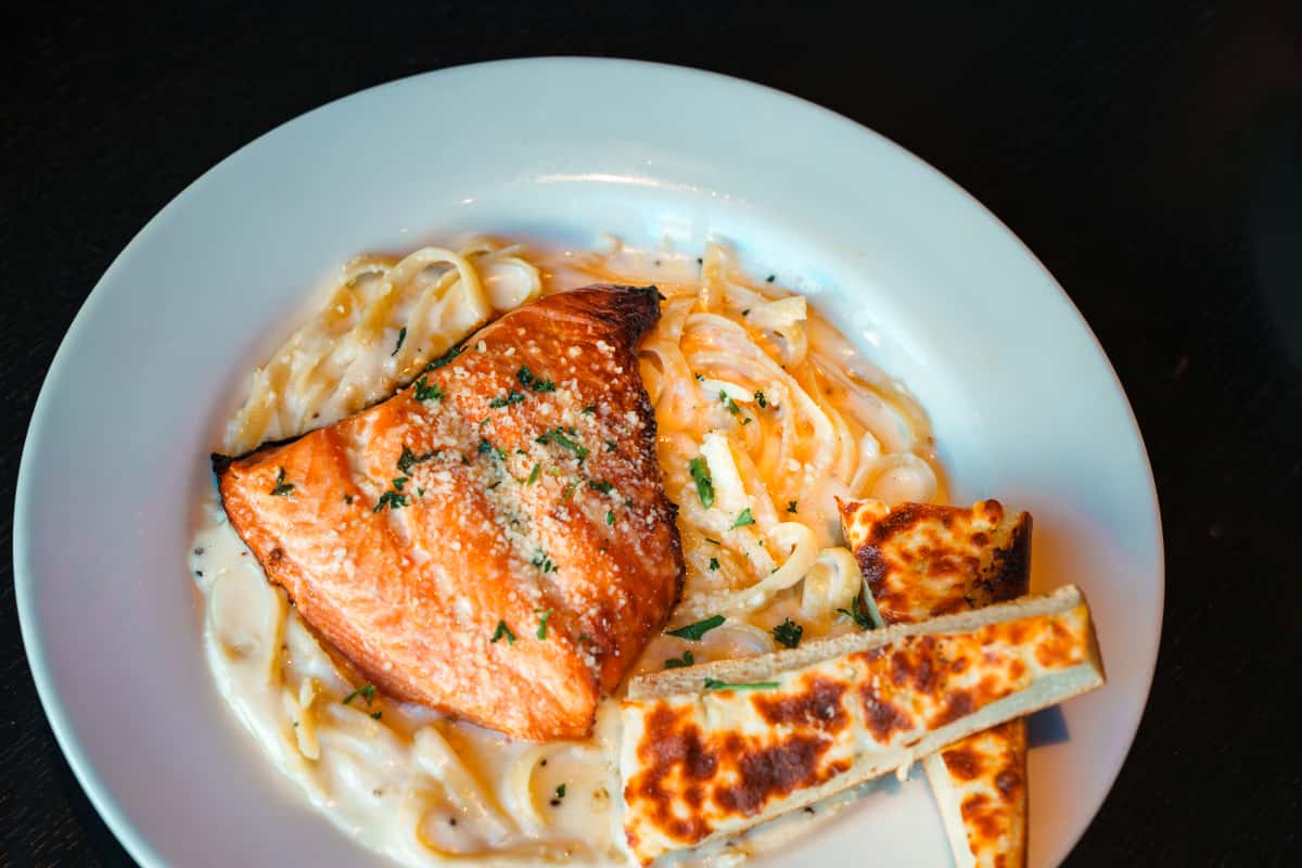 Salmon pasta entree served at Oak & Pie in Wichita, KS