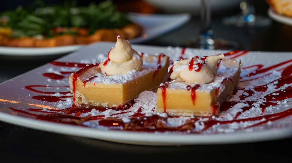 House-made dessert platter with cheesecake bites and berry drizzle at Oak & Pie