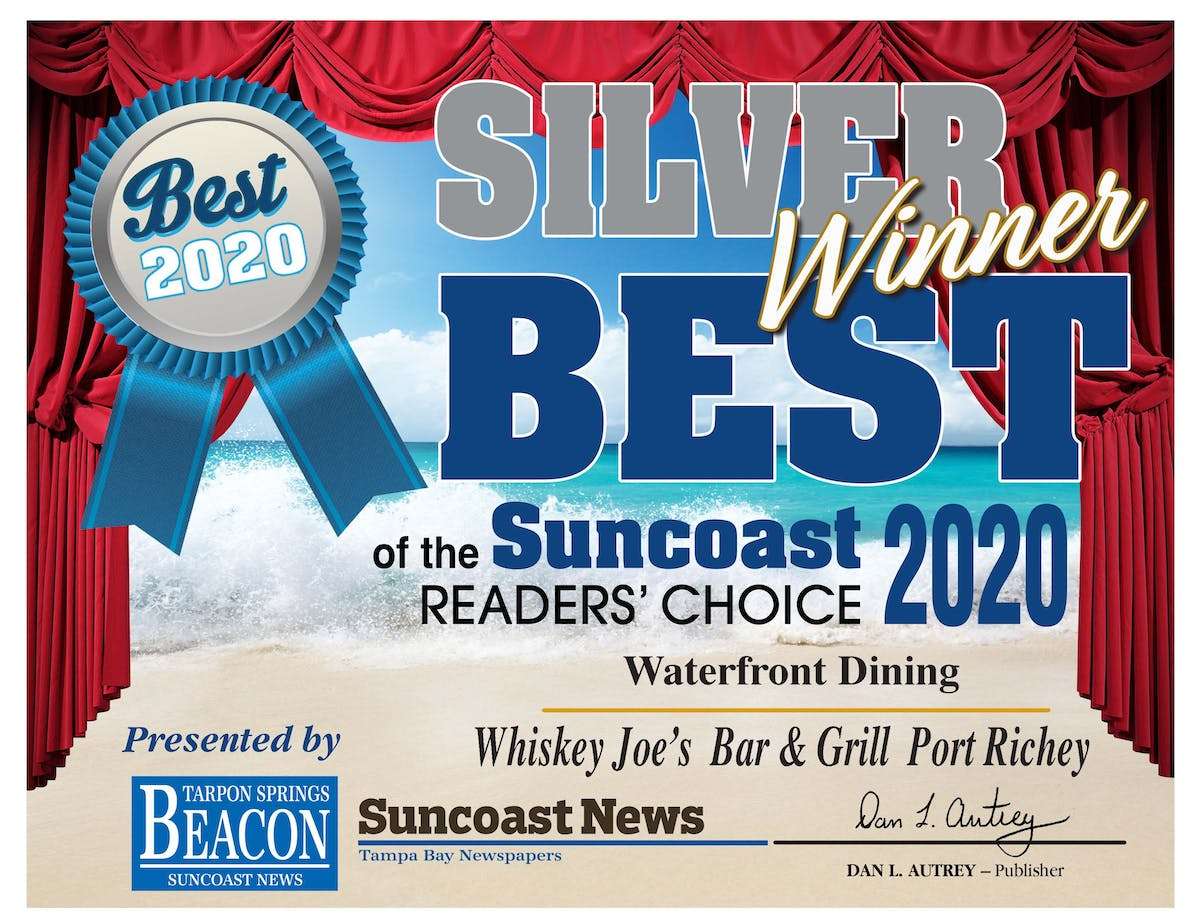 2020 Silver Winner Certificate for Best Waterfront Dining Award by Suncoast Readers' Choice