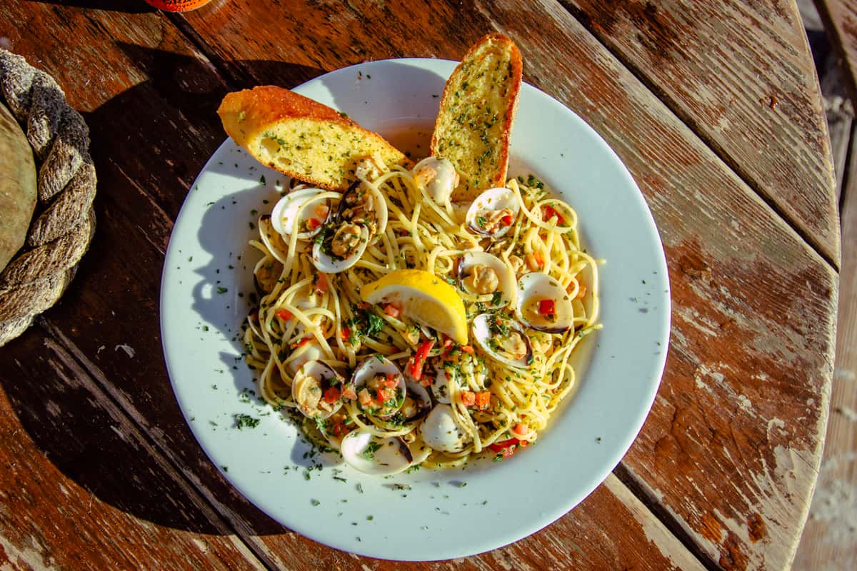 seafood pasta dish on a table