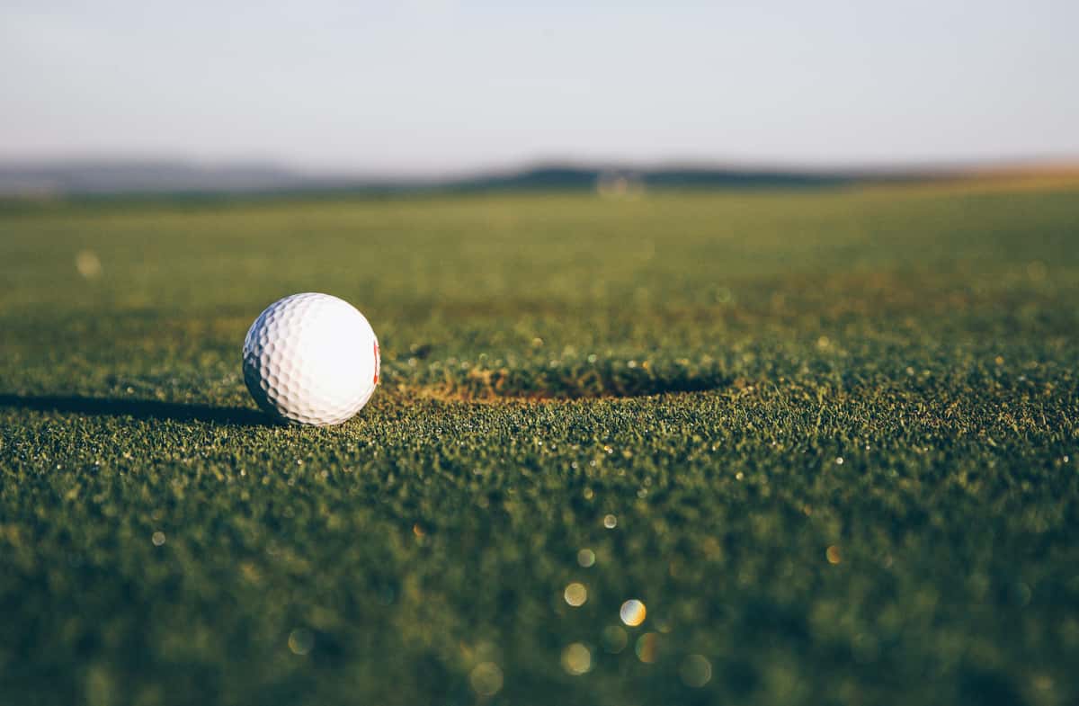 Golf ball sitting on golfing green near hole