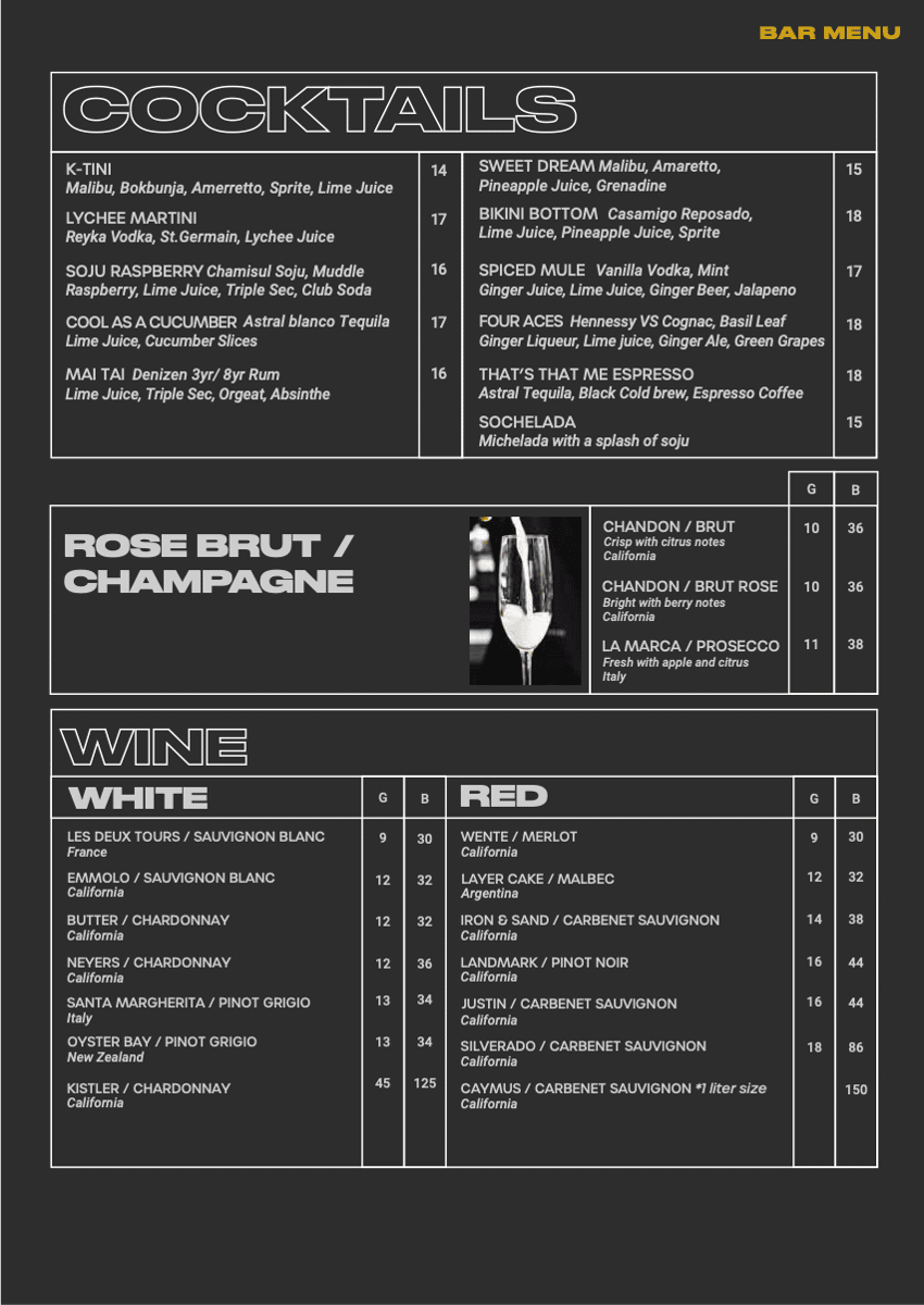 Cocktail and Wine Menu