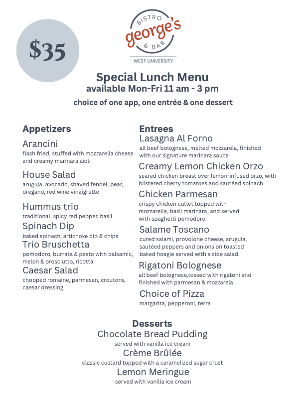 George Bench Menu Events - George's Bistro & Bar