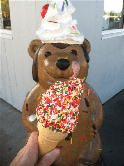 hand holding ice cream cone with bear in the background