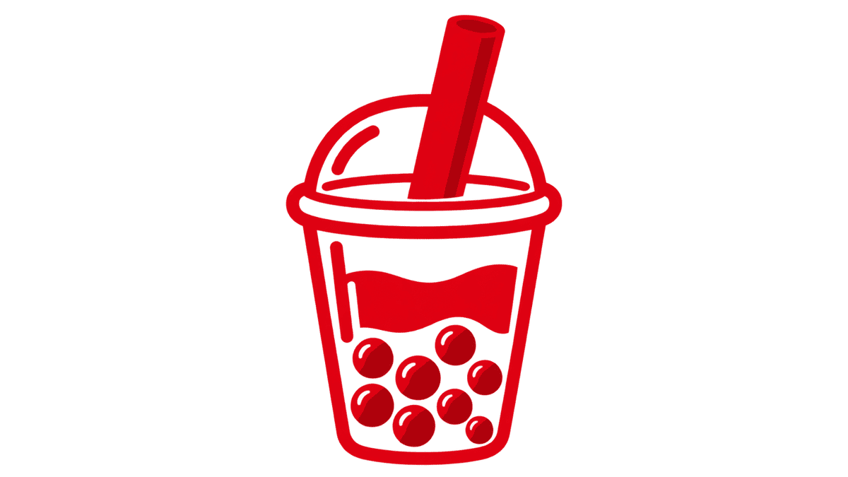 Red illustration of bubble tea with tapioca pearls, domed lid, and wide straw