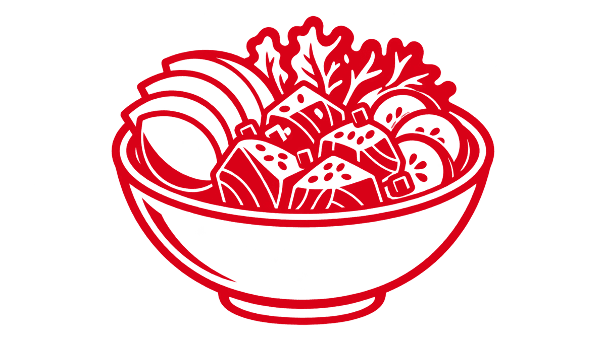 Red illustration of a Japanese-style bowl with sliced fish, vegetables, and garnishes
