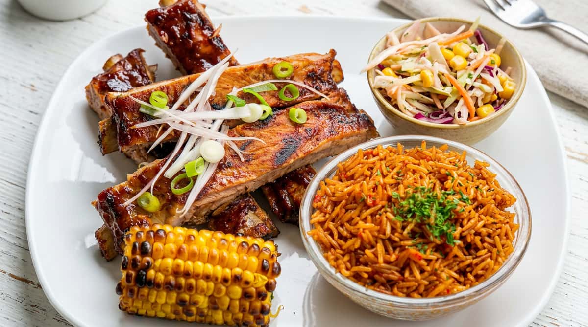 Barbecue pork ribs with charred corn, seasoned rice, and fresh coleslaw served on a restaurant plate