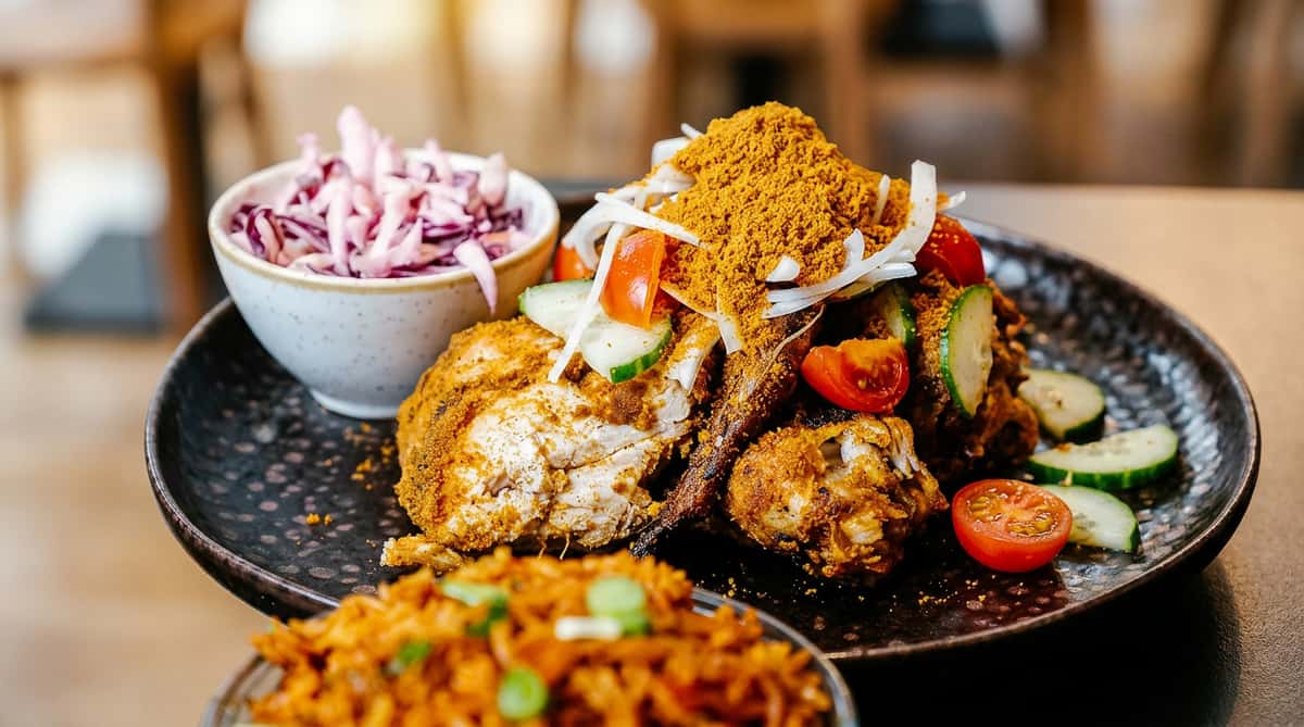 Seasoned chicken pieces with sliced tomatoes, cucumbers, white strips, and a mound of spice powder, served with coleslaw and rice.