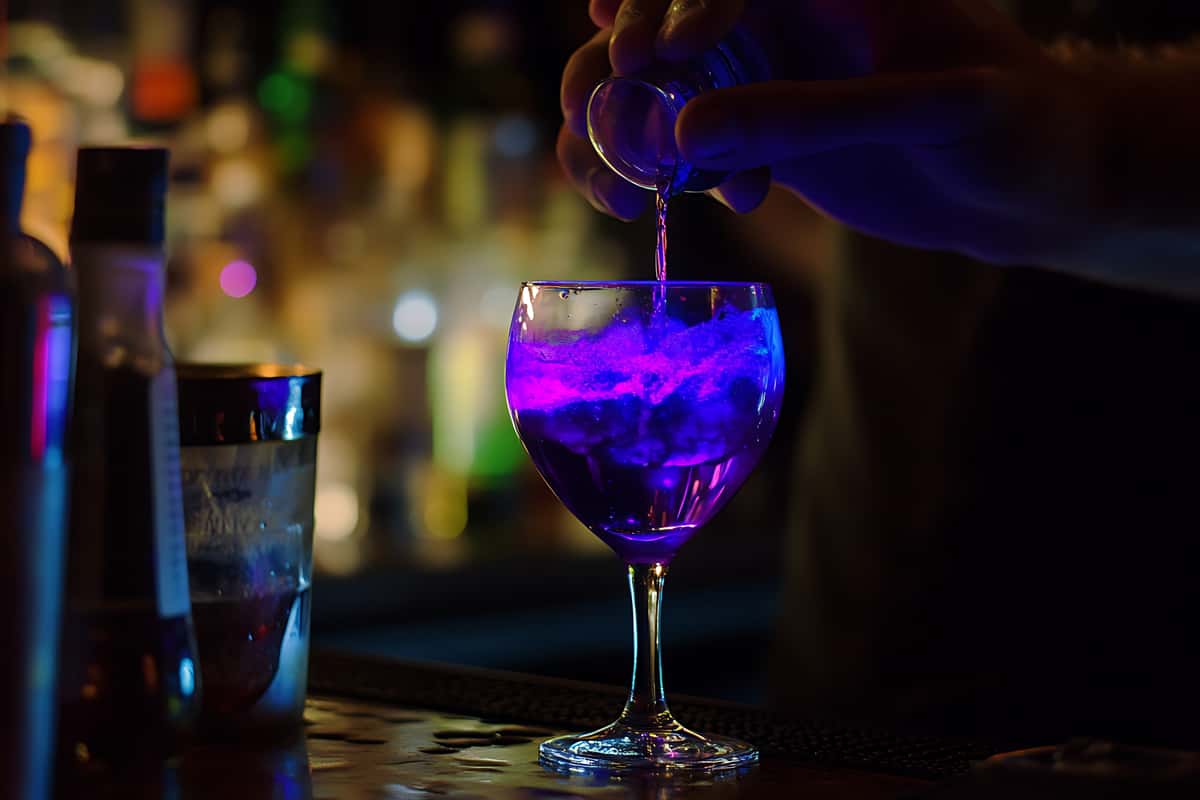 Bartender pouring a colorful cocktail glass