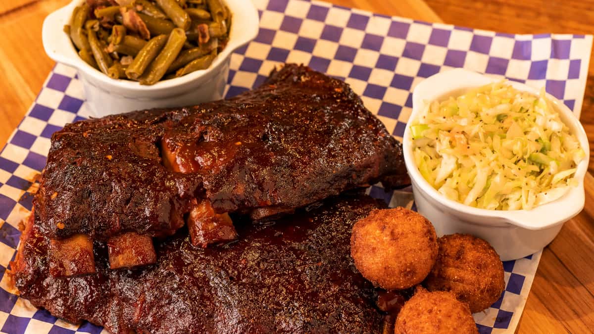 Full Rack of Ribs with 2 Sides & Hushpuppies
