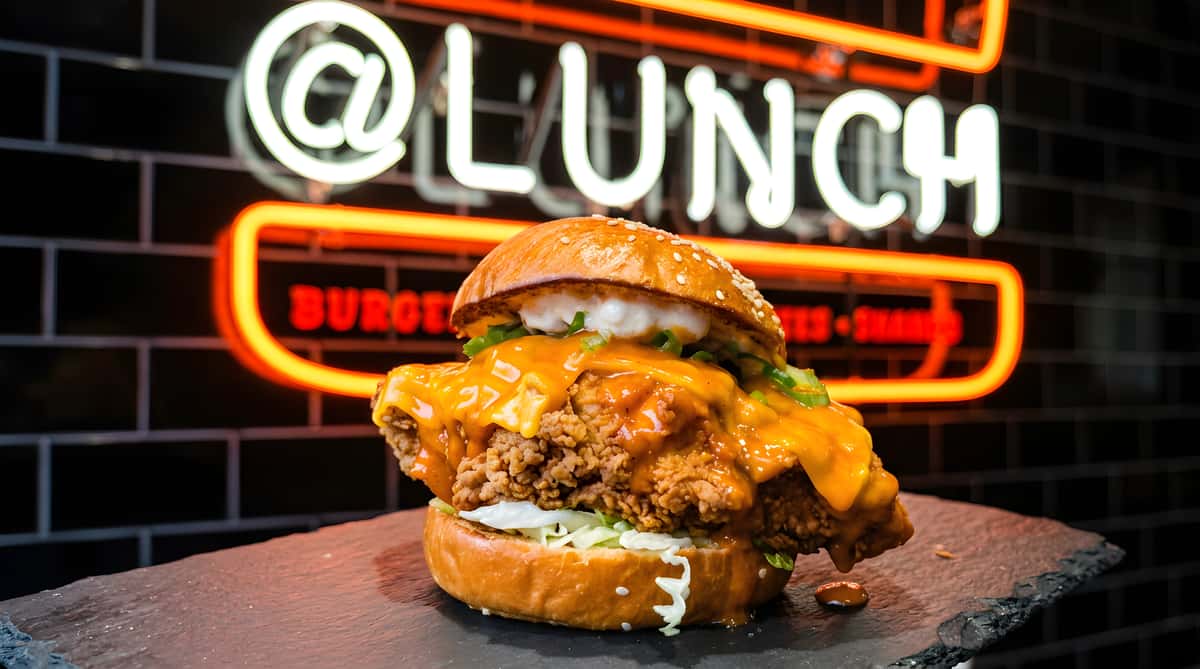@Lunch crispy chicken burger with melted cheese, lettuce, jalapeños, and creamy sauce
