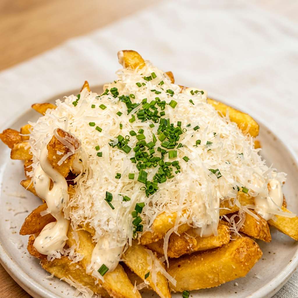 Crispy loaded fries topped with creamy sauce, finely grated cheese, and fresh chopped chives