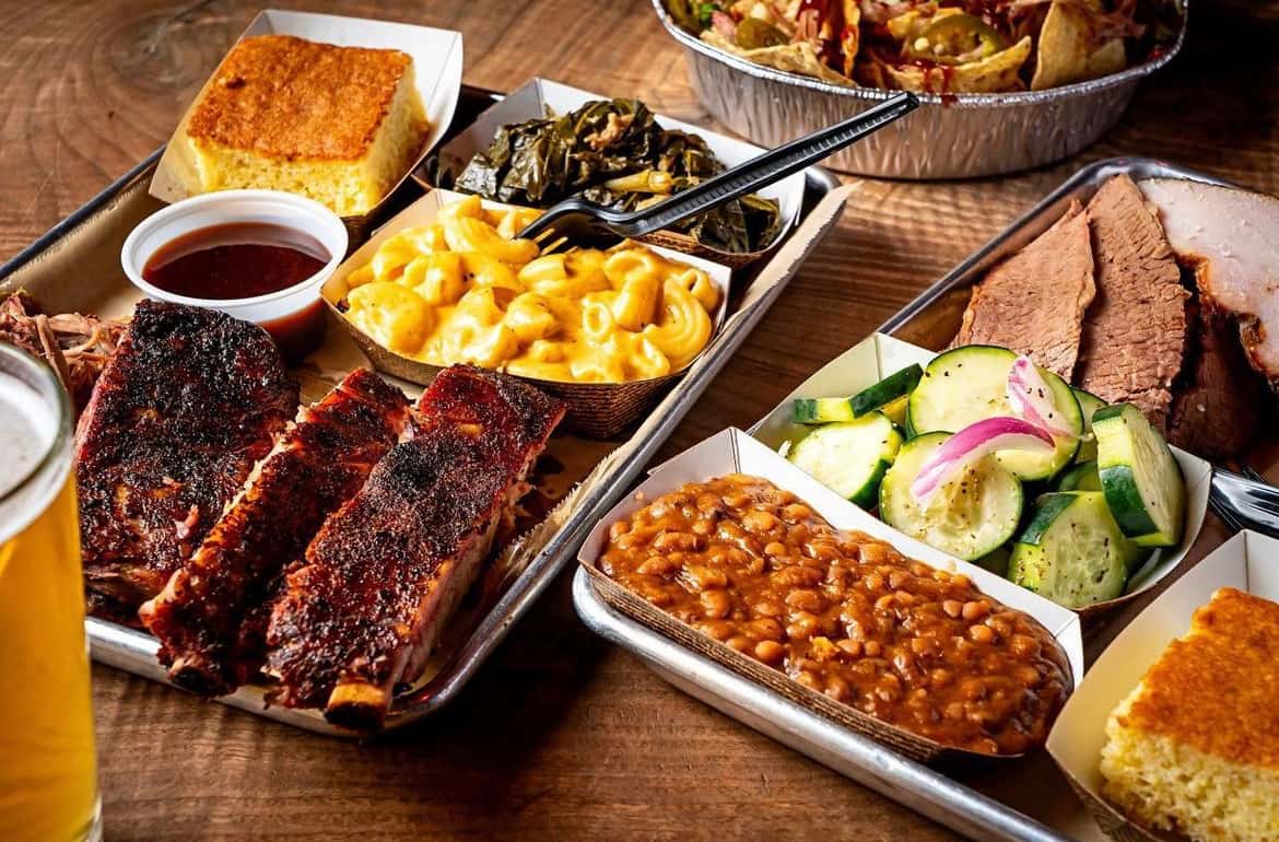 spread of barbecue and sides