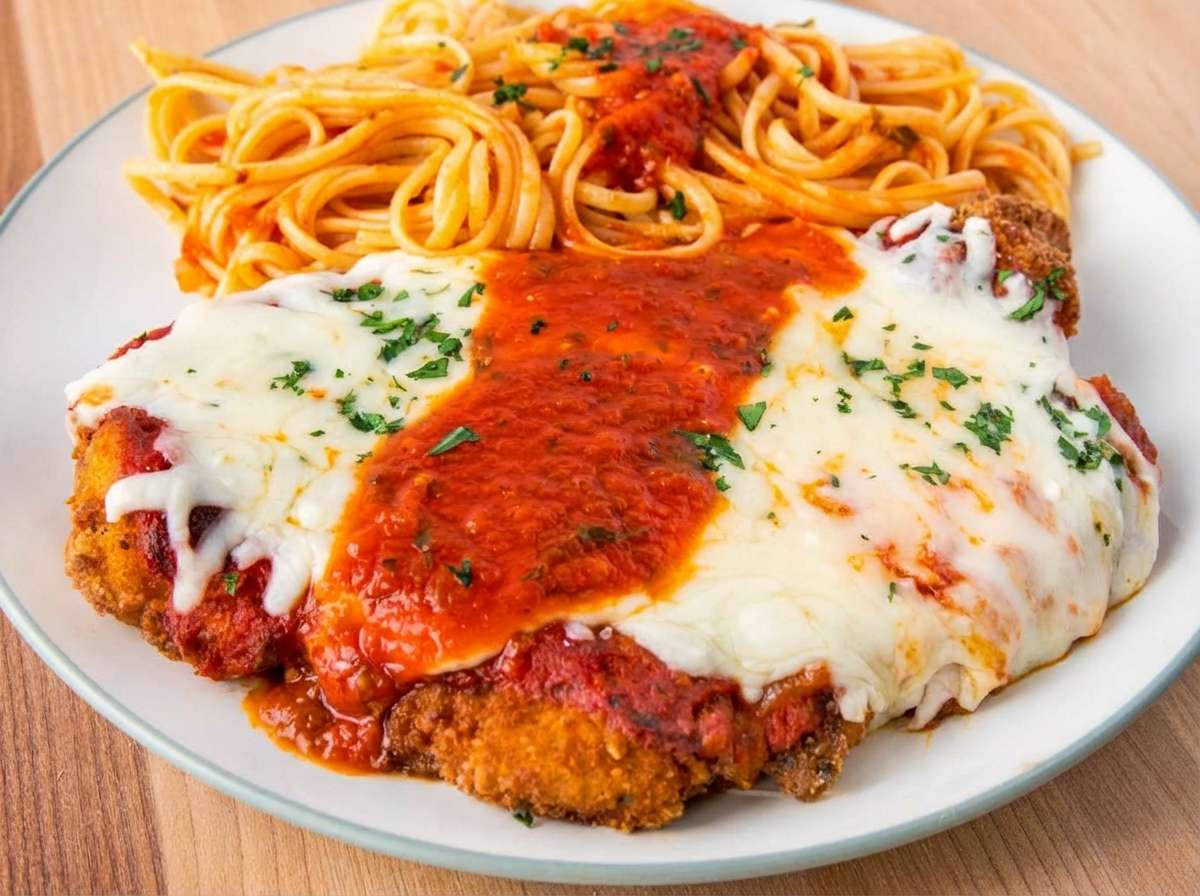 Breaded chicken parmesan topped with marinara and melted mozzarella, served with spaghetti.