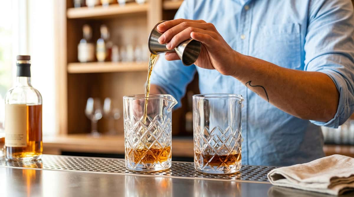 A bartender pouring amber liquid from a jigger into a patterned glass mixing cup on a bar mat.