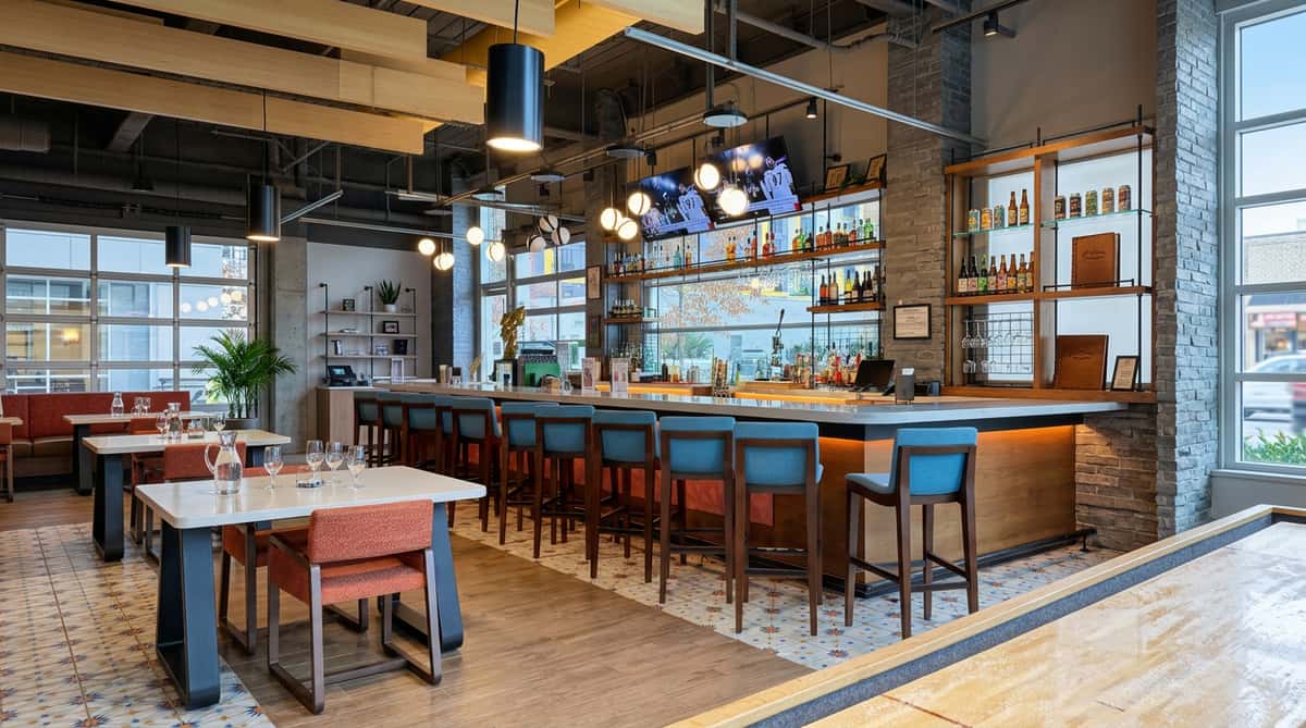 A modern bar interior with blue bar stools, a well-stocked bar, TVs, and a shuffleboard table in the foreground.