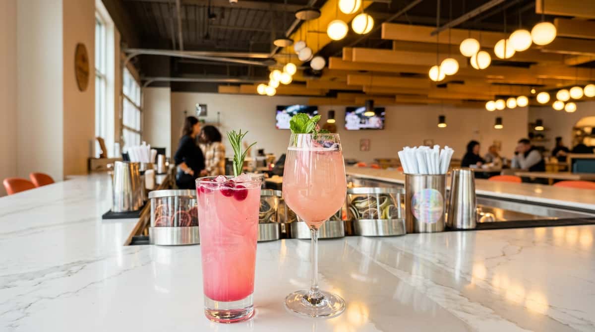 Two pink cocktails on a white bar counter, one with rosemary and cranberries, the other with mint and blueberries.