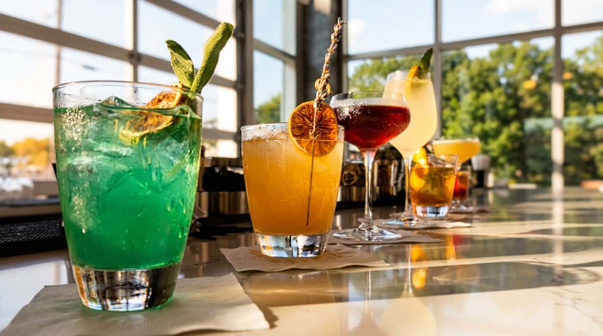 Assorted cocktails on a bar surface, including a clear drink with sage, and a yellow drink with a dried orange slice and lavender sprig.