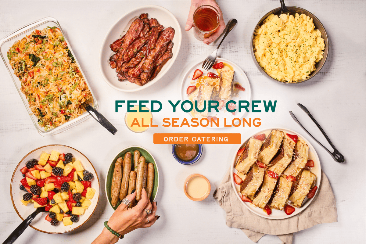 Assorted breakfast spread on a table with headline 'Feed Your Crew All Season Long'
