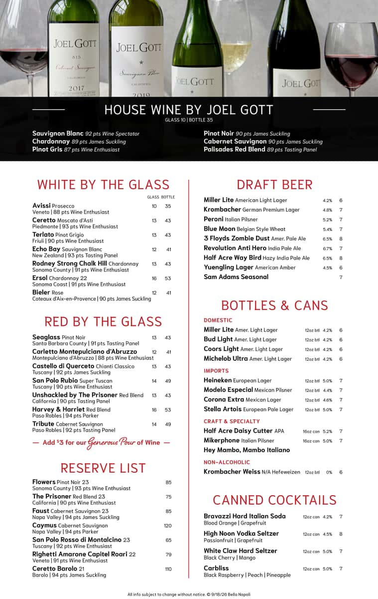 Drink Menu at Bella Napoli