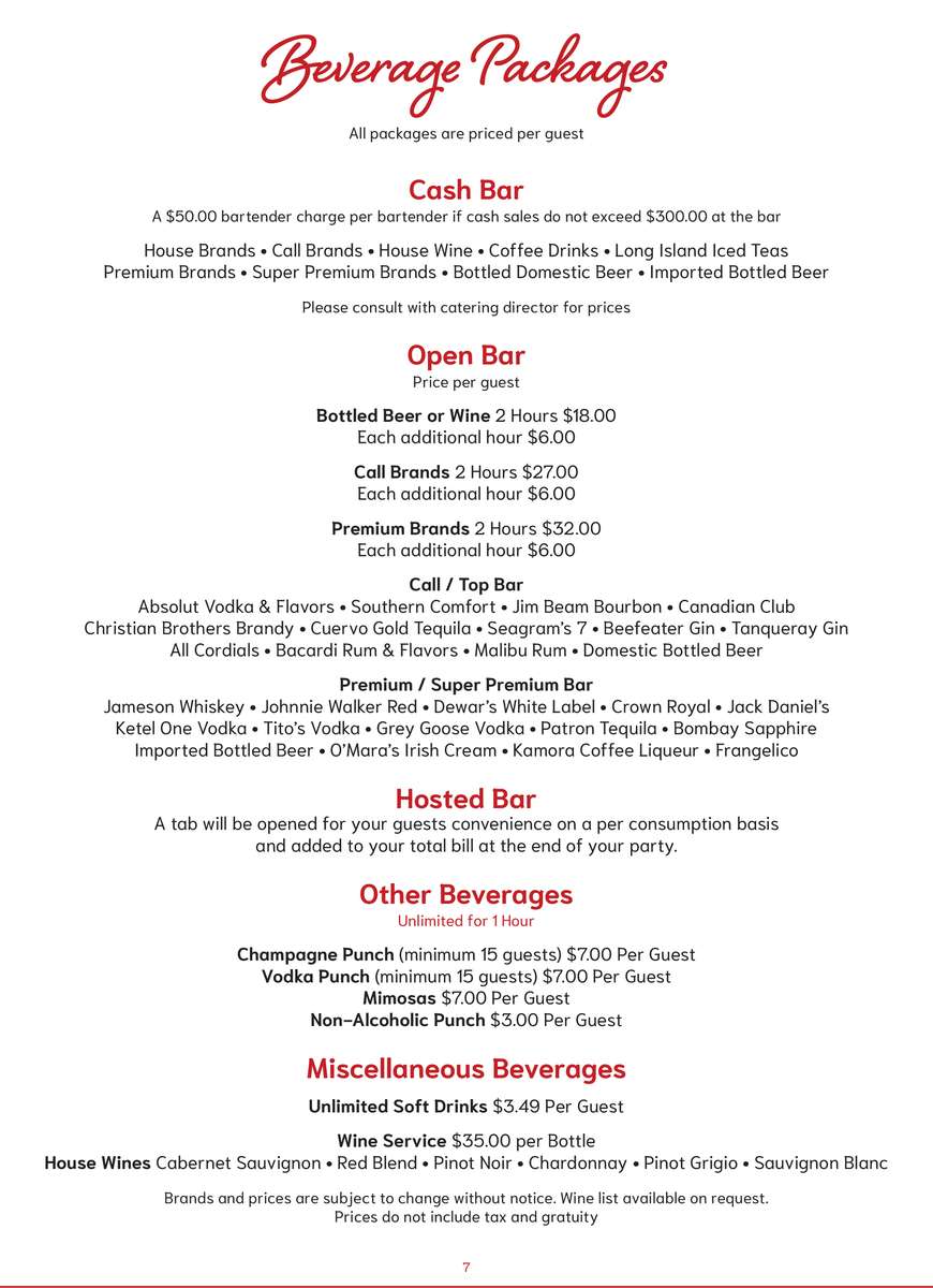 Bella Napoli Banquet Menu