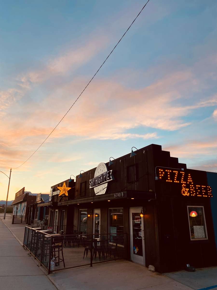 Exterior restaurant with sunset