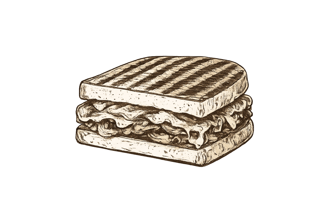 Vintage illustration of a grilled panini sandwich with melted cheese and savory filling in a rustic hand-drawn style, perfect for café menus, deli branding, and sandwich shop designs.