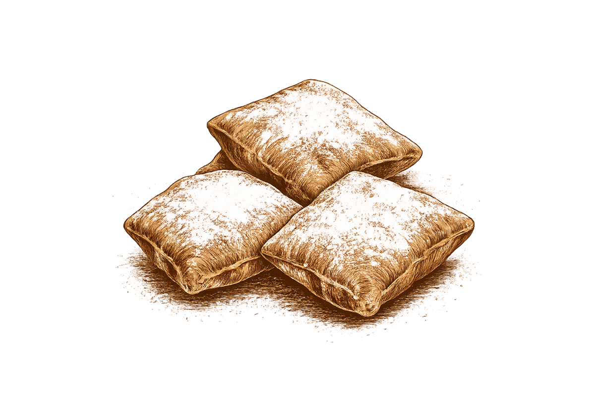 Vintage illustration of three powdered sugar beignets stacked together in a rustic hand-drawn style, perfect for café menus, bakery branding, and New Orleans-inspired designs.