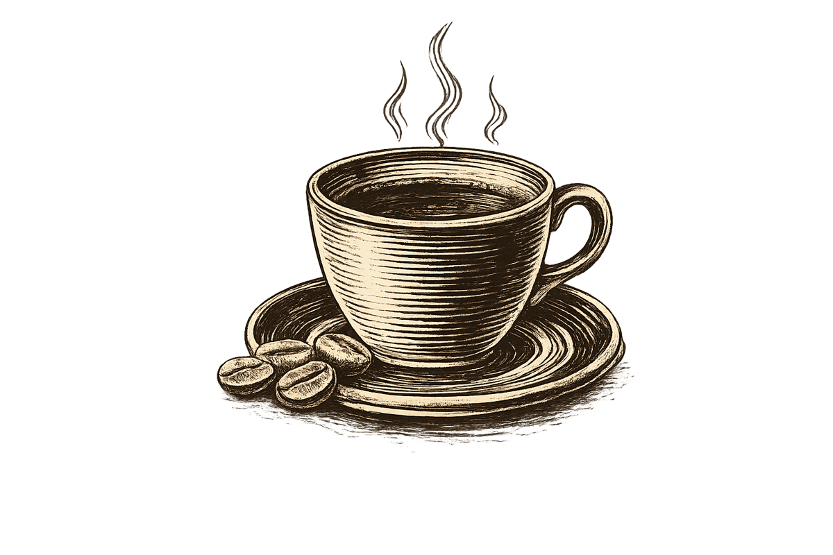 Vintage illustration of a steaming coffee cup on a saucer with roasted coffee beans, featuring a hand-drawn rustic style ideal for café branding, menus, and coffee-themed designs.