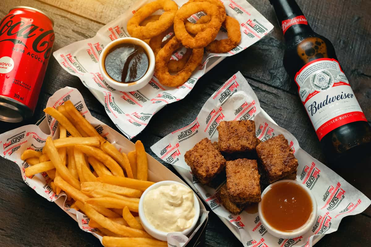 onion rings, fries, beer