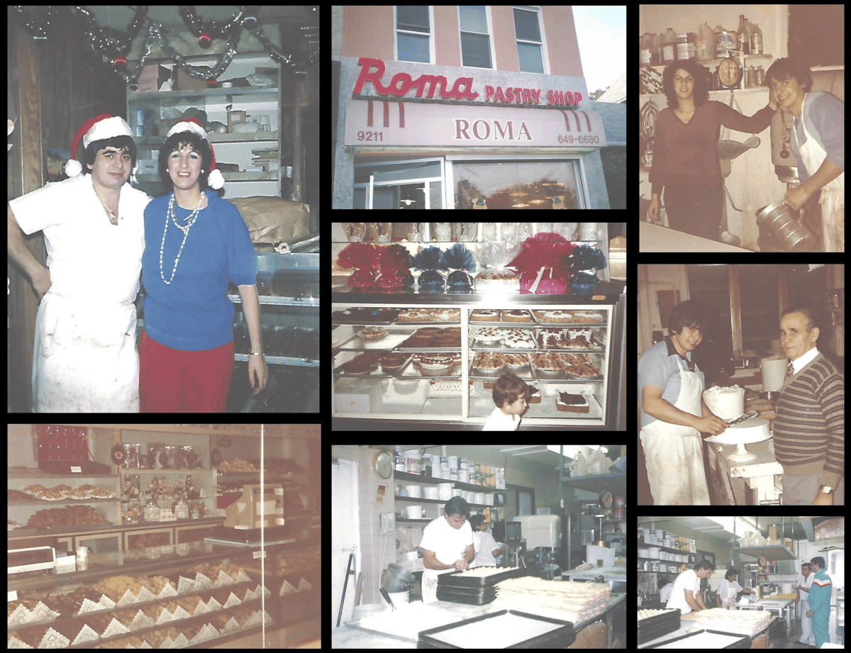 collage of photos including 2 people with santa hats on smiling, outside photo of Roma Pastry Shop, 2 people smiling at the camera, a photo of the different pastries behind the glass and staff members serving customers