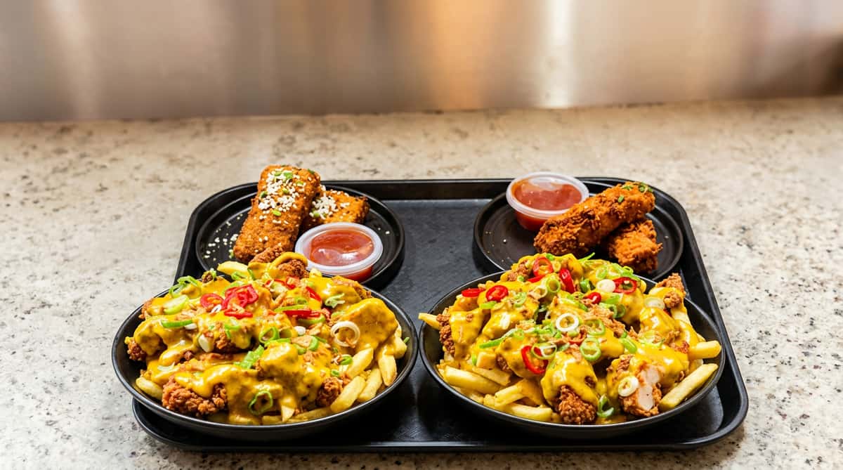 Loaded fries topped with seasoned chicken, cheese, and sauces