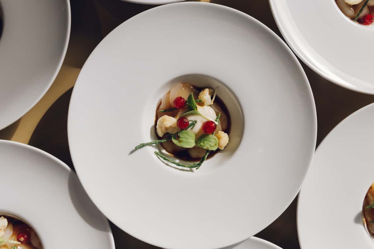 White plate filled with a delicious dish with vegetables on the table