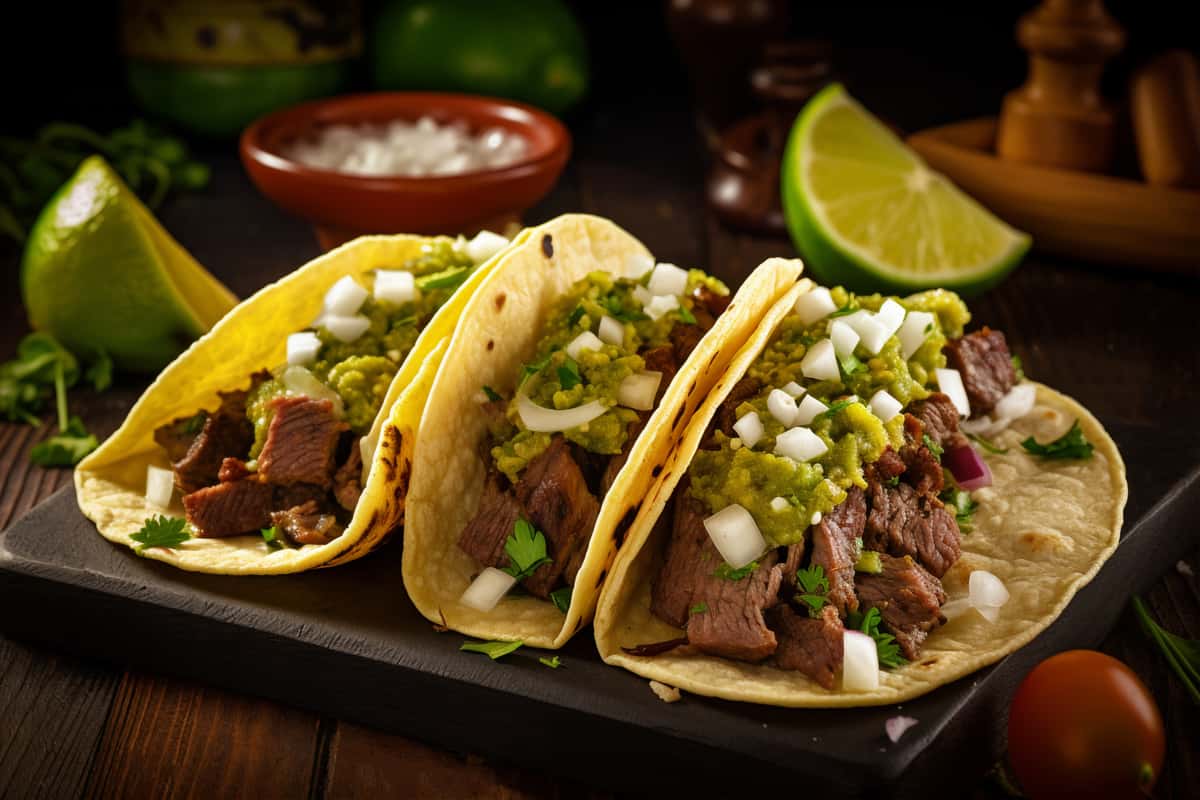 Three delicious street-style tacos with grilled steak, fresh salsa verde, and onions