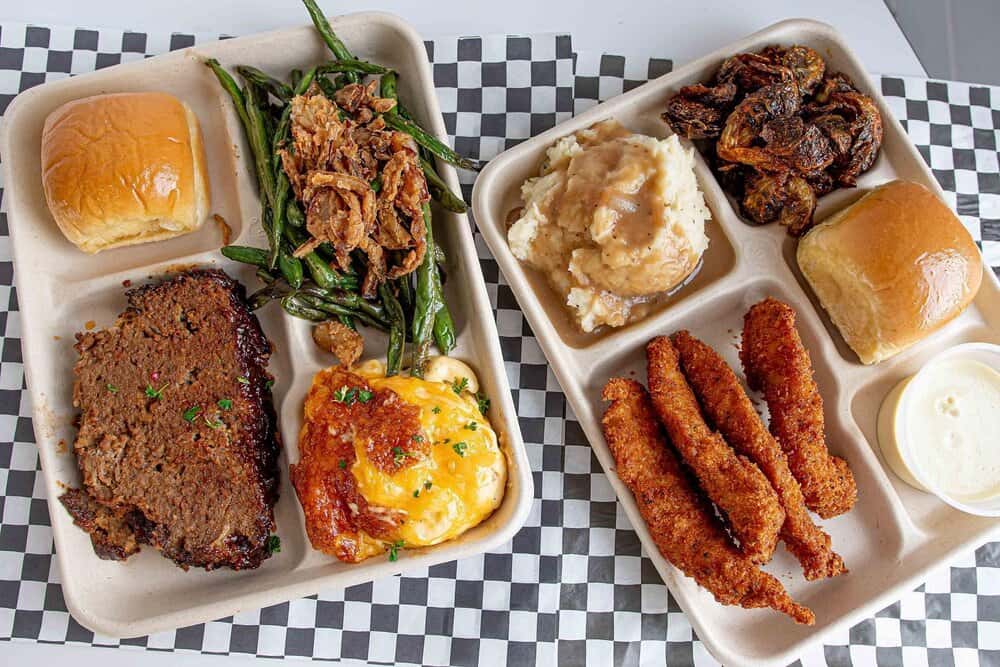 chicken tenders, meatloaf and sides