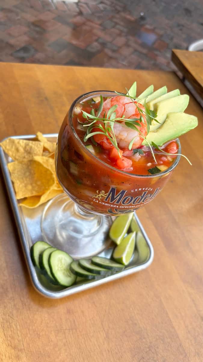 NEW! Mexican seafood cocktail with shrimp in bold tomato-lime broth. Served with chips.