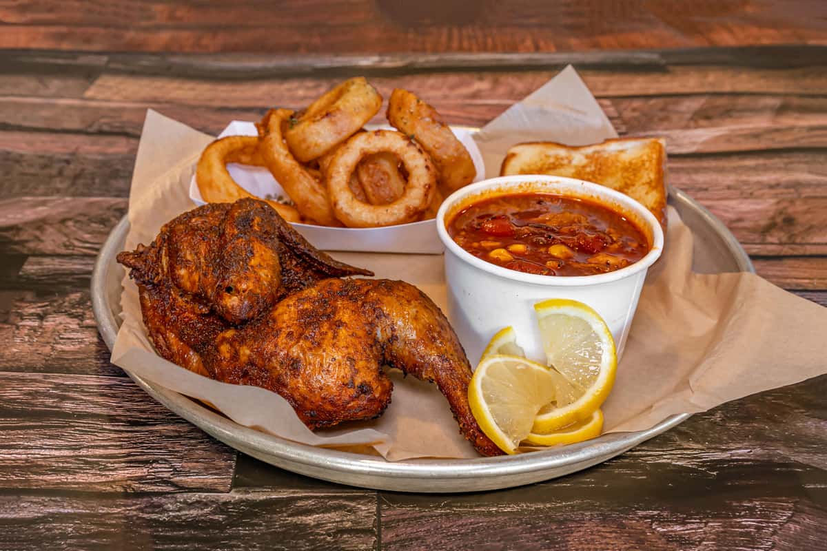 Chicken with onion rings and soup