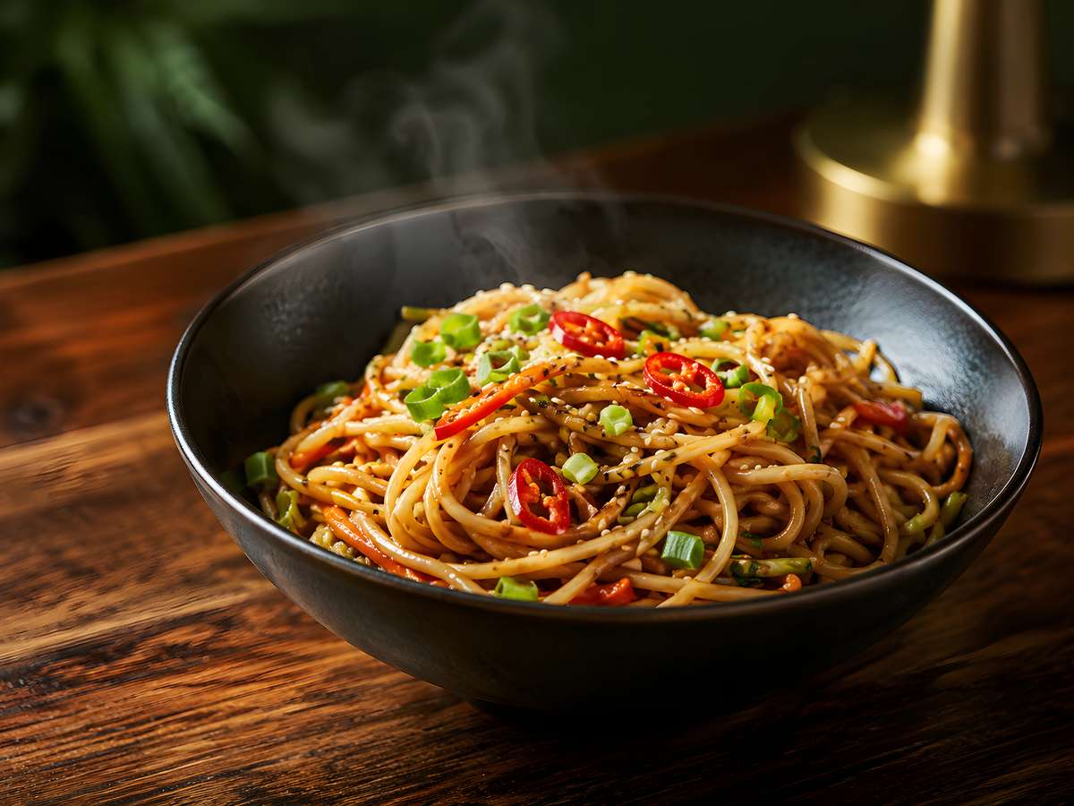 Steaming Asian stir-fried noodles topped with green onions, red chili peppers, and fresh vegetables at Tora Asian House