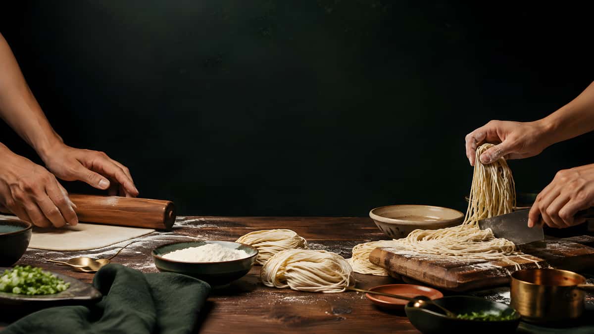 Chefs preparing fresh handmade Asian noodles with flour, rolling pin, and traditional kitchen tools