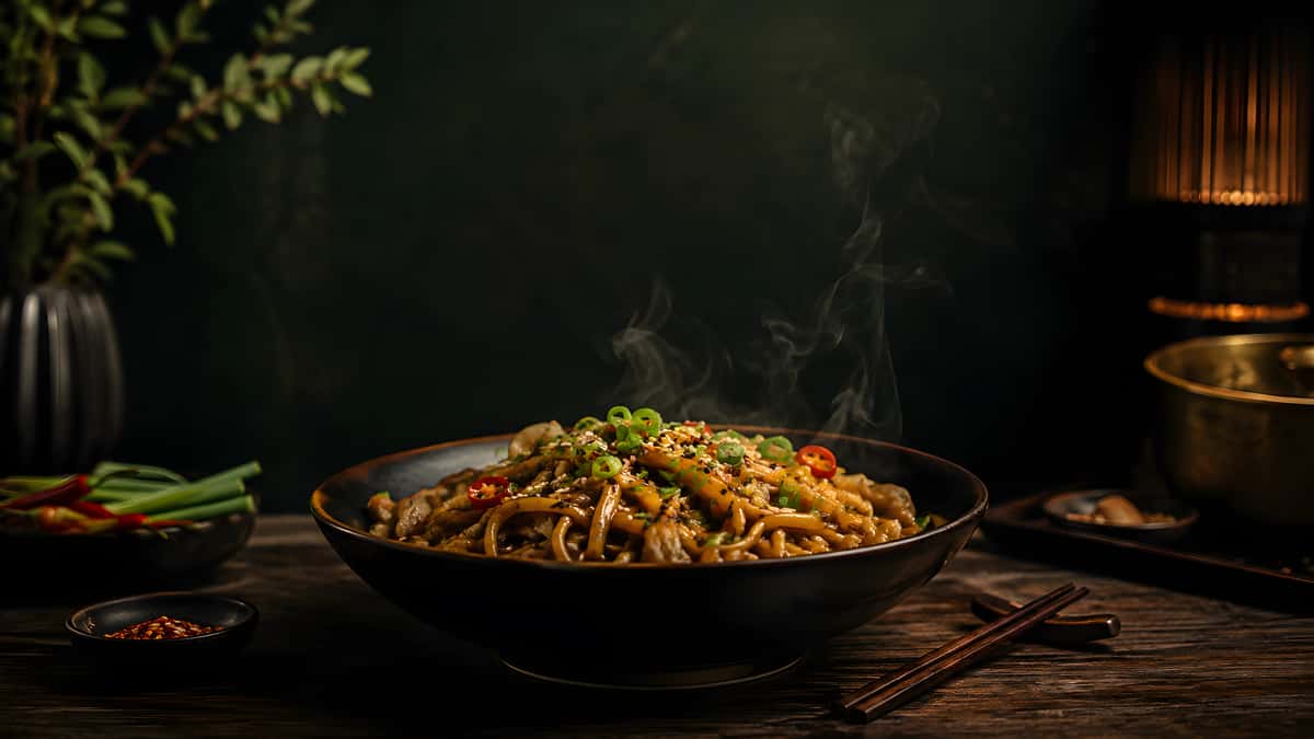 Steaming bowl of Asian-style stir-fried noodles topped with green onions, red chili peppers, and sesame seeds in a moody restaurant setting