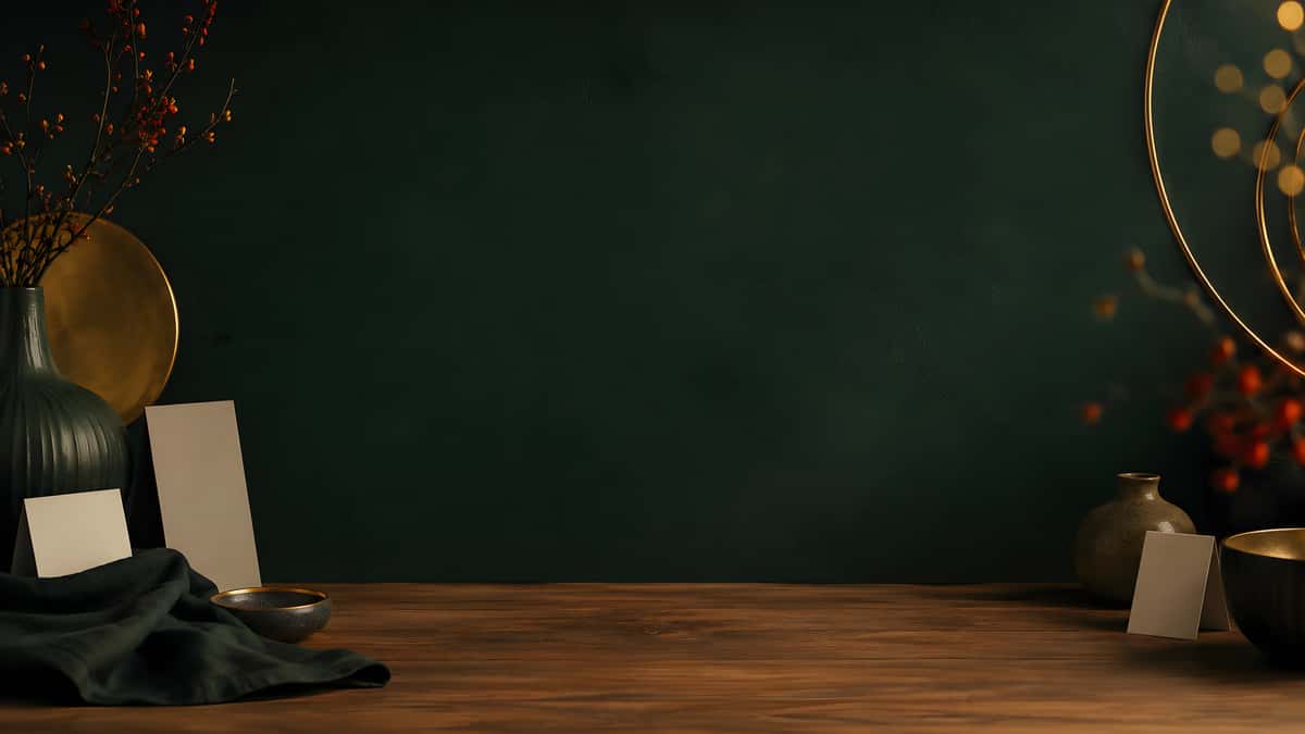 Elegant restaurant tabletop with dark green decor, ceramic accents, botanical arrangements, and warm ambient lighting
