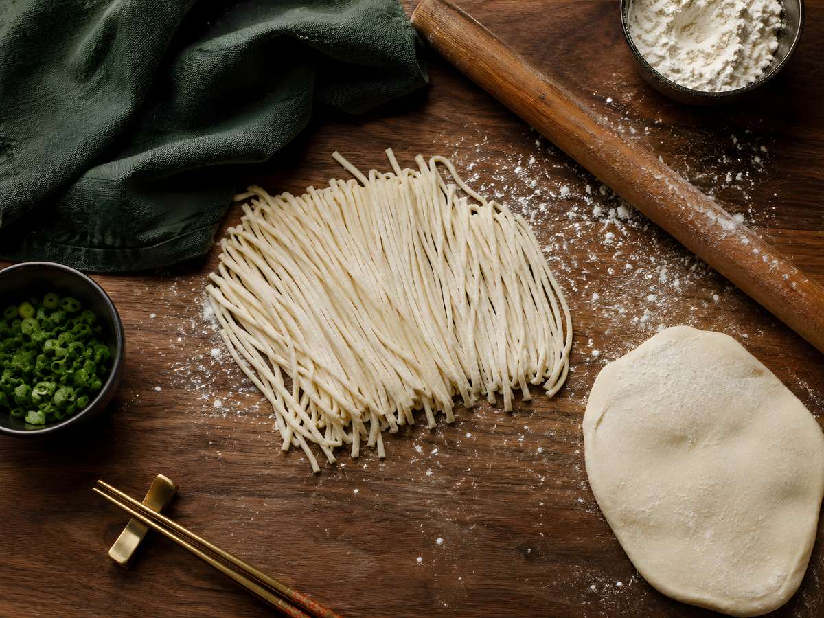 Fresh handmade Asian noodles with rolled dough, flour, green onions, and chopsticks at Tora Asian House