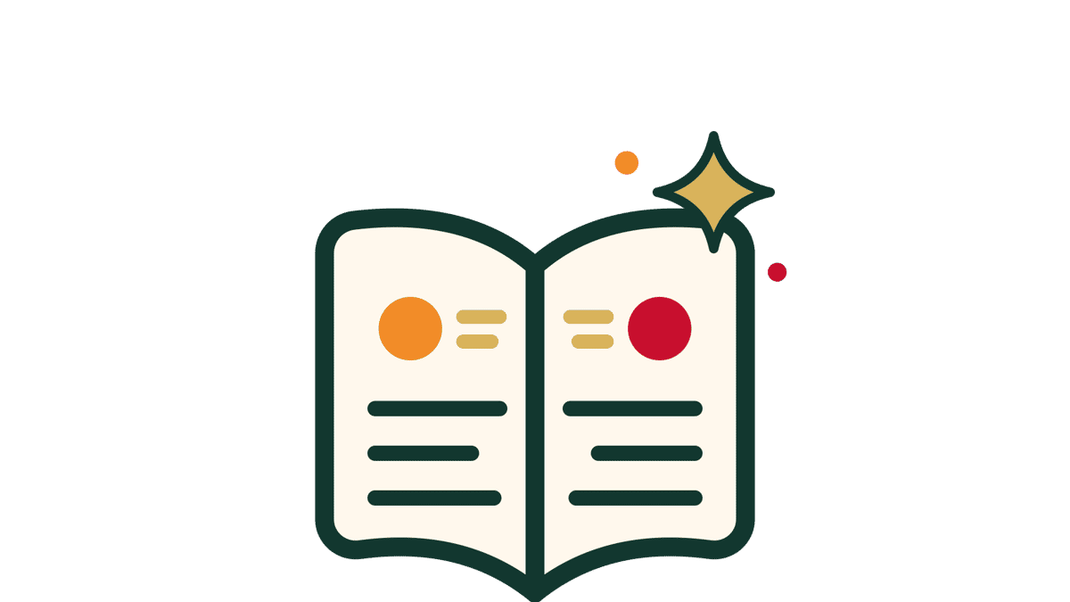 Open restaurant menu icon with colorful food symbols and decorative sparkle