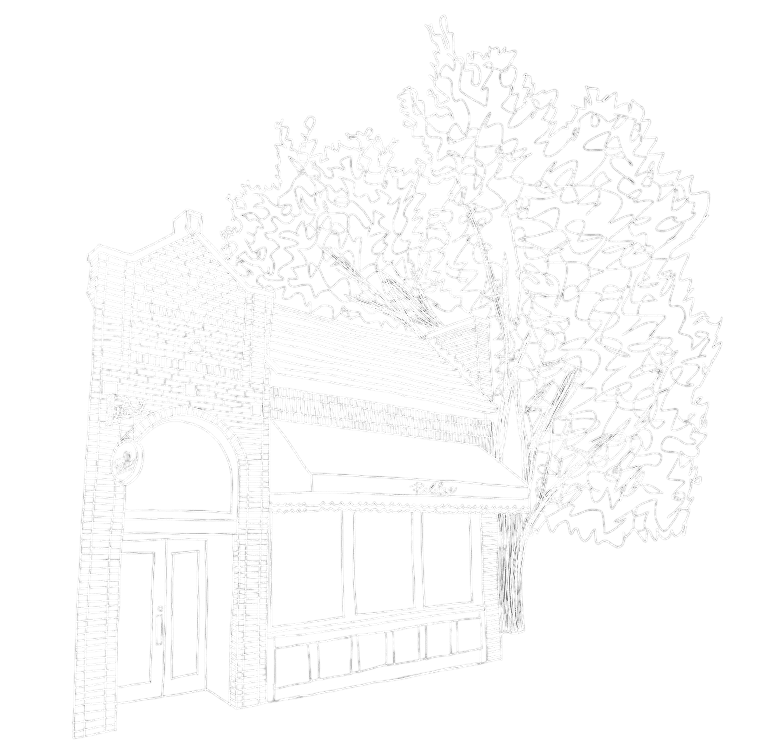 Hand-drawn illustration of a charming brick-front building with large windows and a canopy of leafy trees.